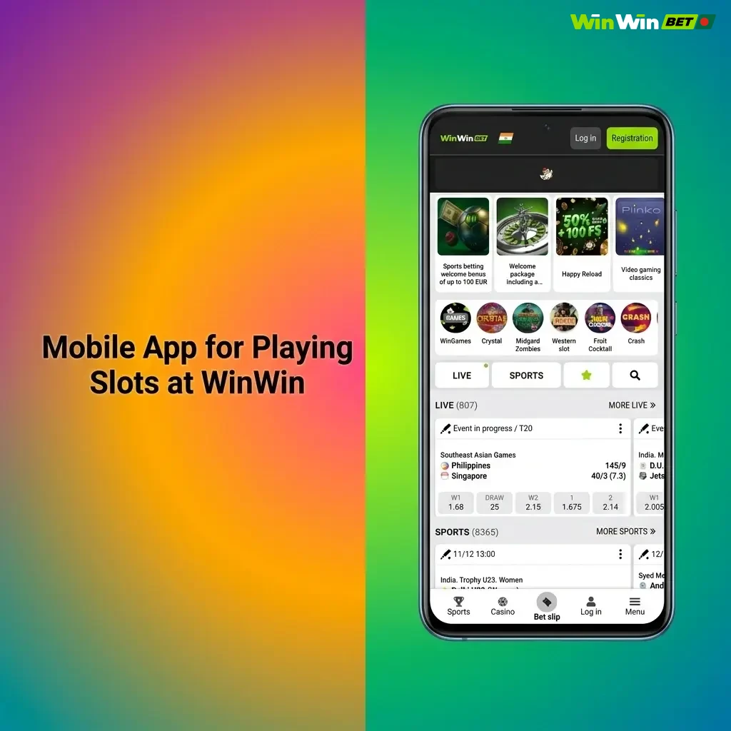 WinWin mobile app interface showing slot machine lobby with touch controls for Android and iOS users in Bangladesh
