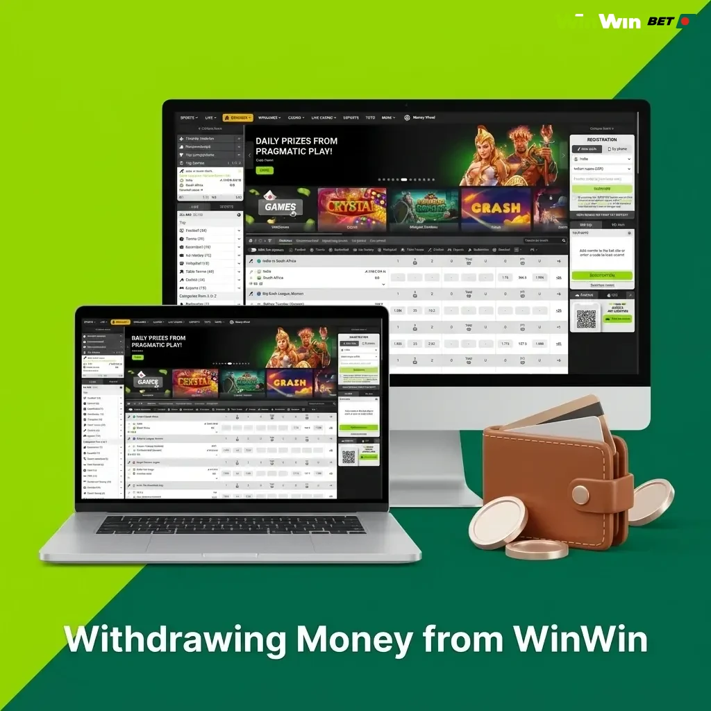 WinWin account withdrawal steps showing cashier section, withdrawal methods, amount entry, and transaction tracking dashboard