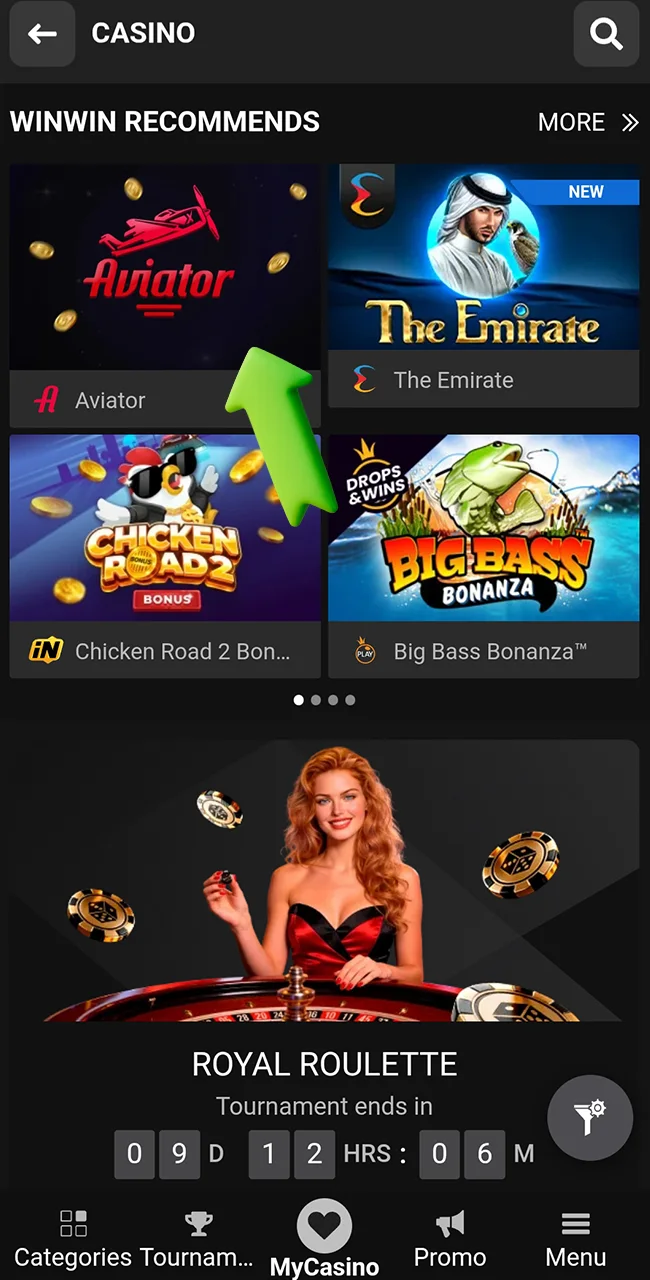 Locate the Aviator game on the WinWin site.