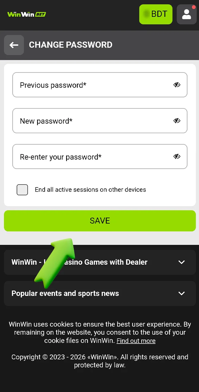 Set a new account password on WinWin site.