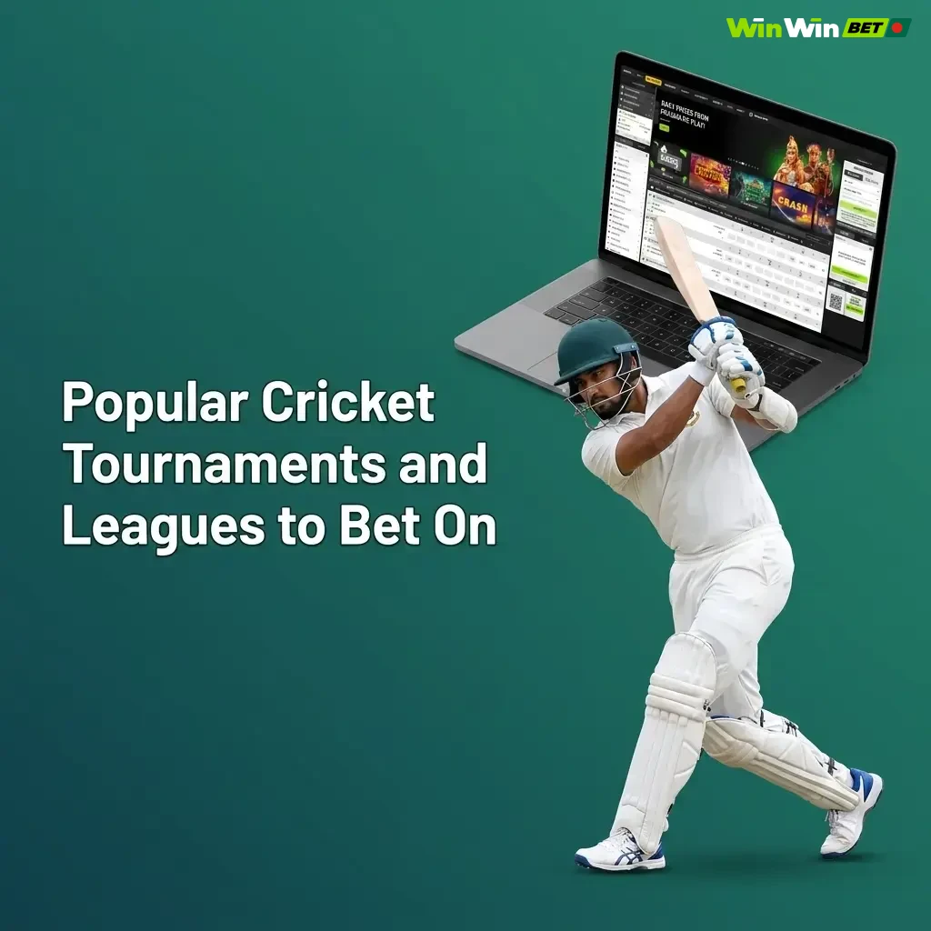 Popular cricket tournaments for betting including ICC World Cup, T20 World Cup, IPL, BPL, and The Ashes on WinWin Bangladesh